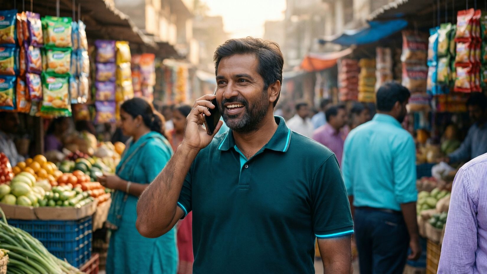 Field sales representative in a colourful Indian street market speaking into a phone