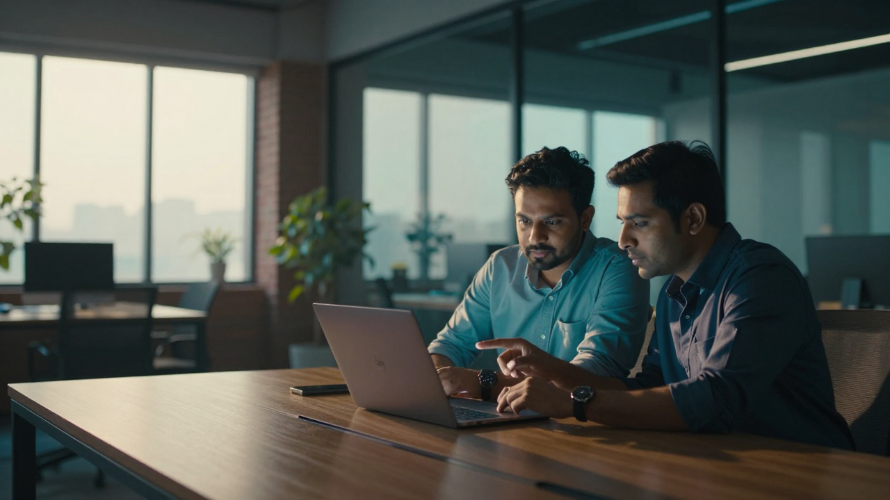 Airy modern Indian tech office — a pair of engineers collaborating over a laptop