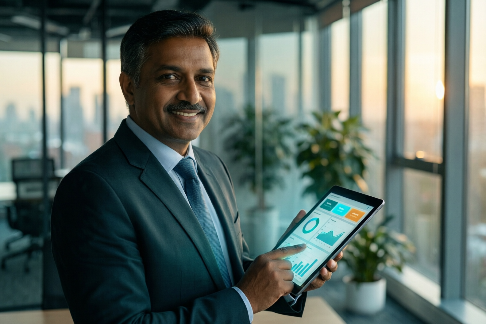 Business executive holding a tablet showing intelligence surfaced at the right moment