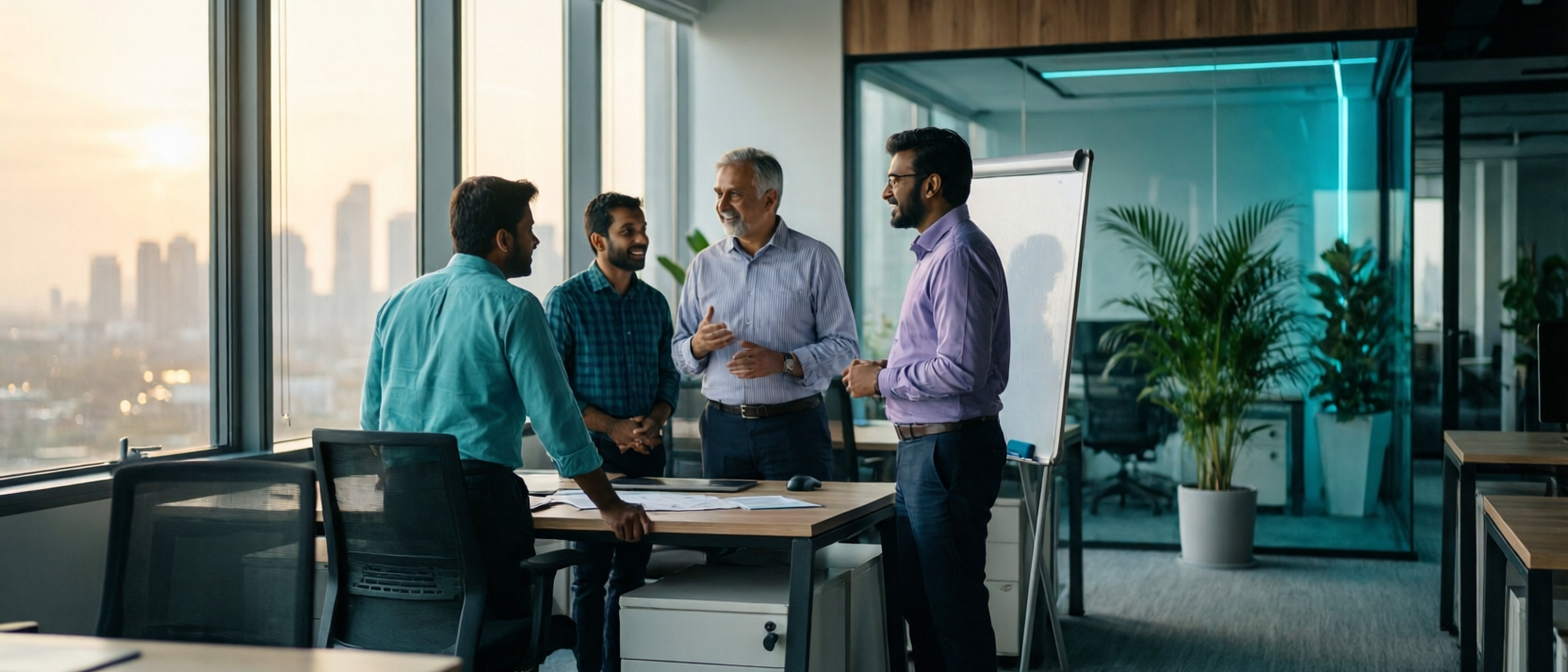 Small focused Indian tech team in a bright open-plan office — engineers mid-conversation