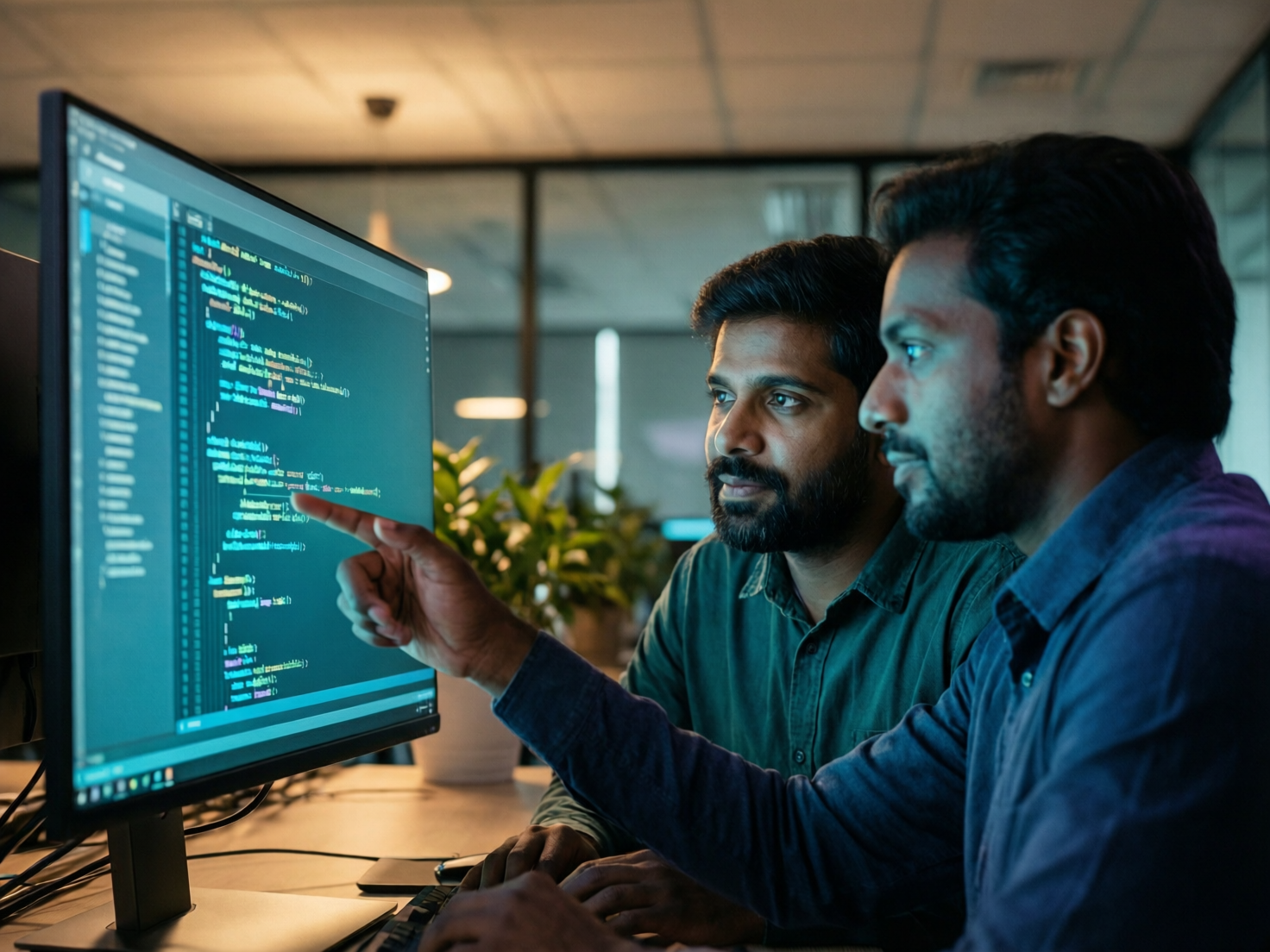 Two Indian software engineers in a focused pair-programming session — both looking at a single large monitor, one pointing at the screen