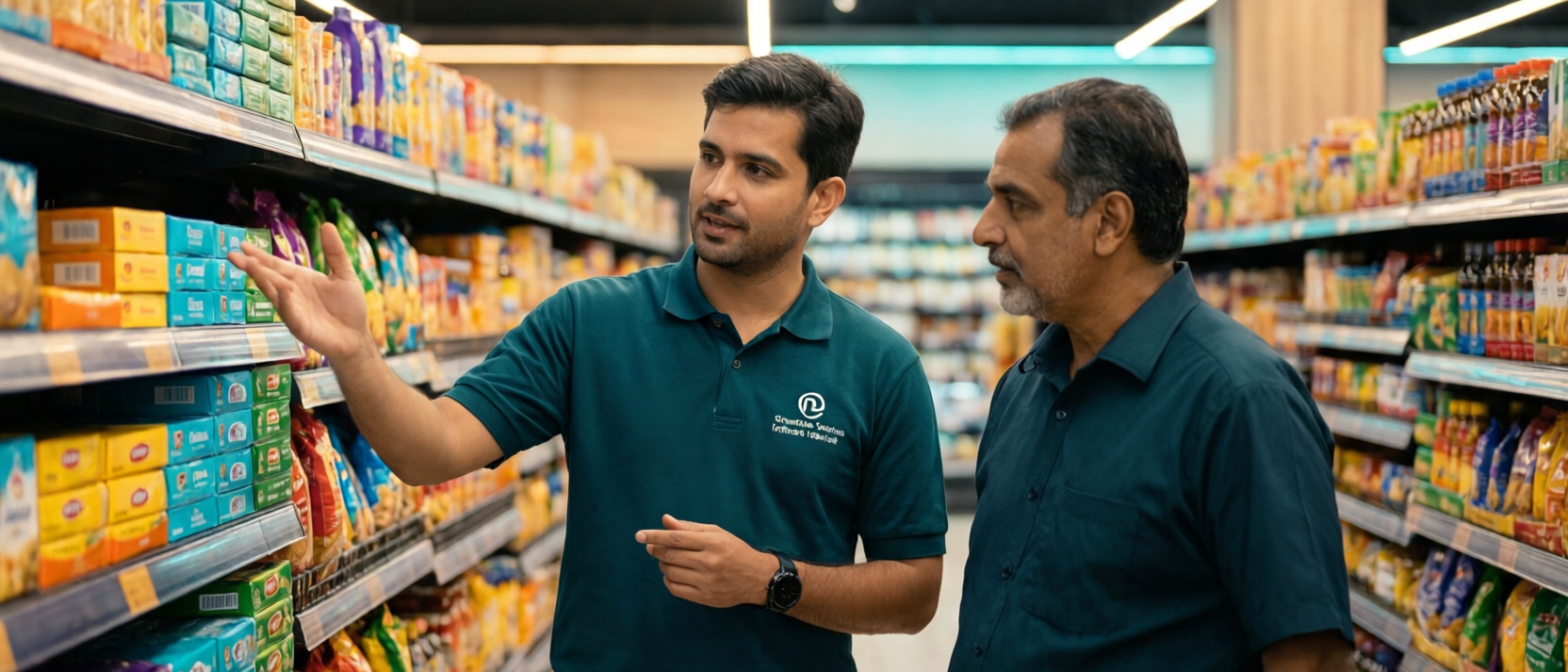 Brand field sales rep in branded polo discusses shelf display with a store manager in a busy Indian modern trade store aisle