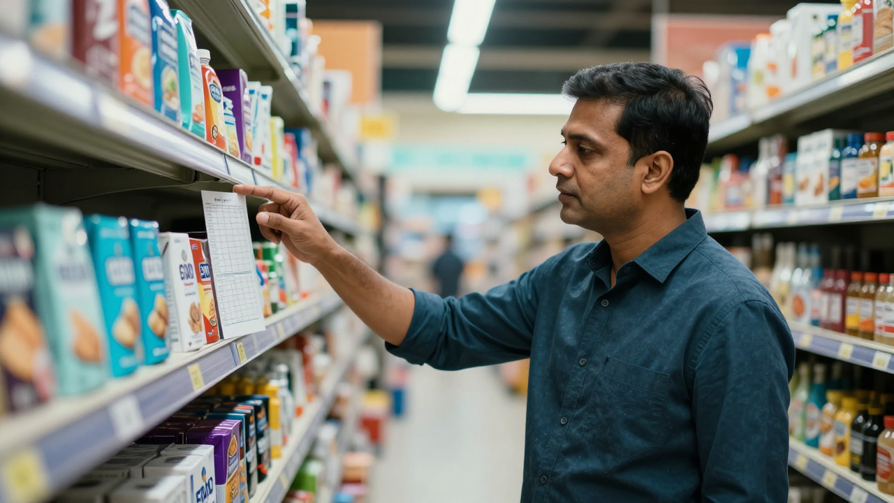 Category manager gestures at a planogram gap on a shelf in a modern trade grocery aisle