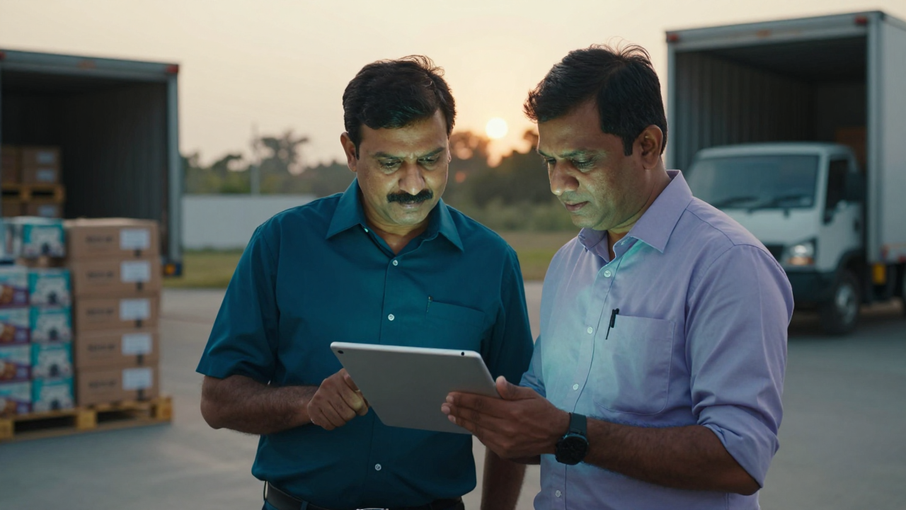 Regional sales manager and distributor in a warehouse loading dock, both looking at a tablet screen