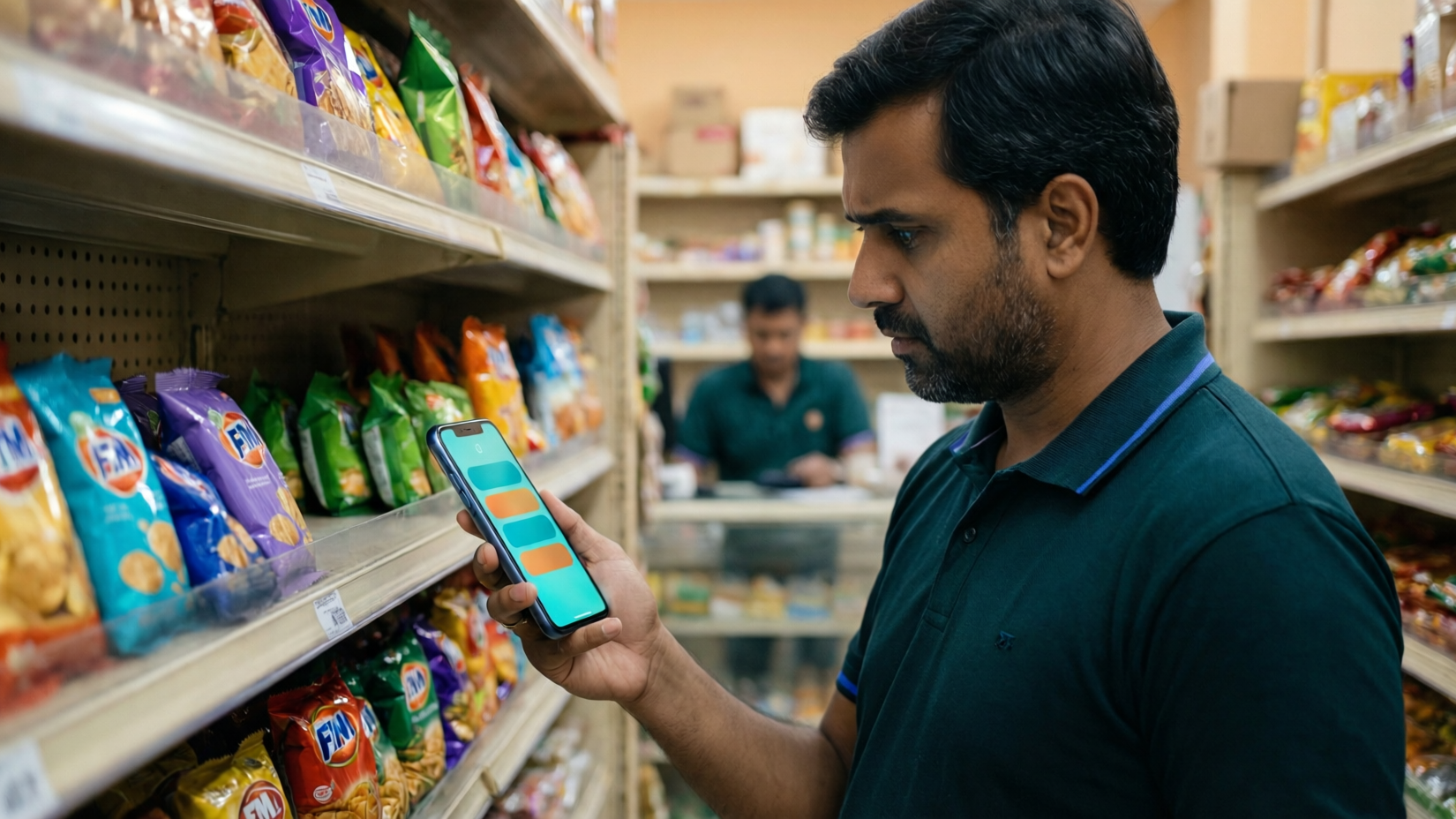 Indian field sales rep on a smartphone in a kirana store aisle, checking stock levels; half-empty shelf visible behind