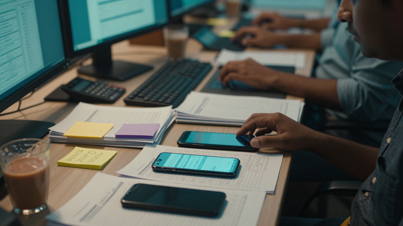 Close-up of a distributor's cluttered desk — multiple phones, printed order sheets, sticky notes; operational friction and information overload