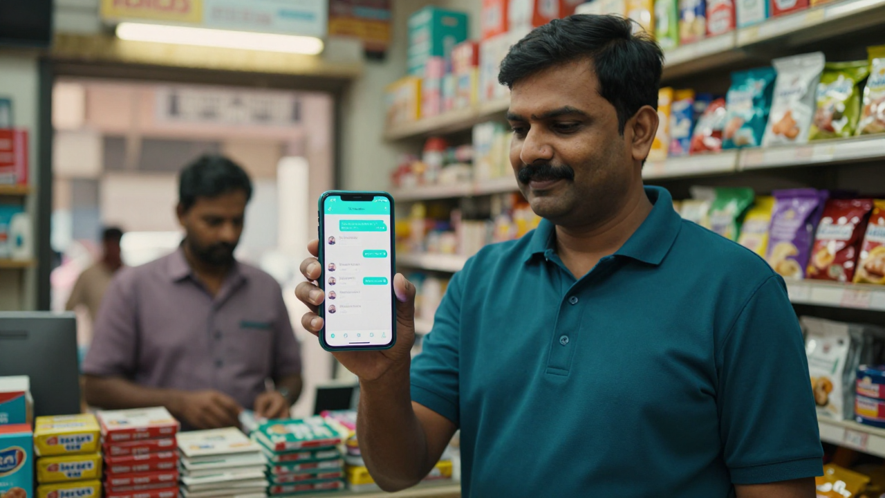 Field sales representative in a kirana store aisle using a mobile phone with regional-language interface