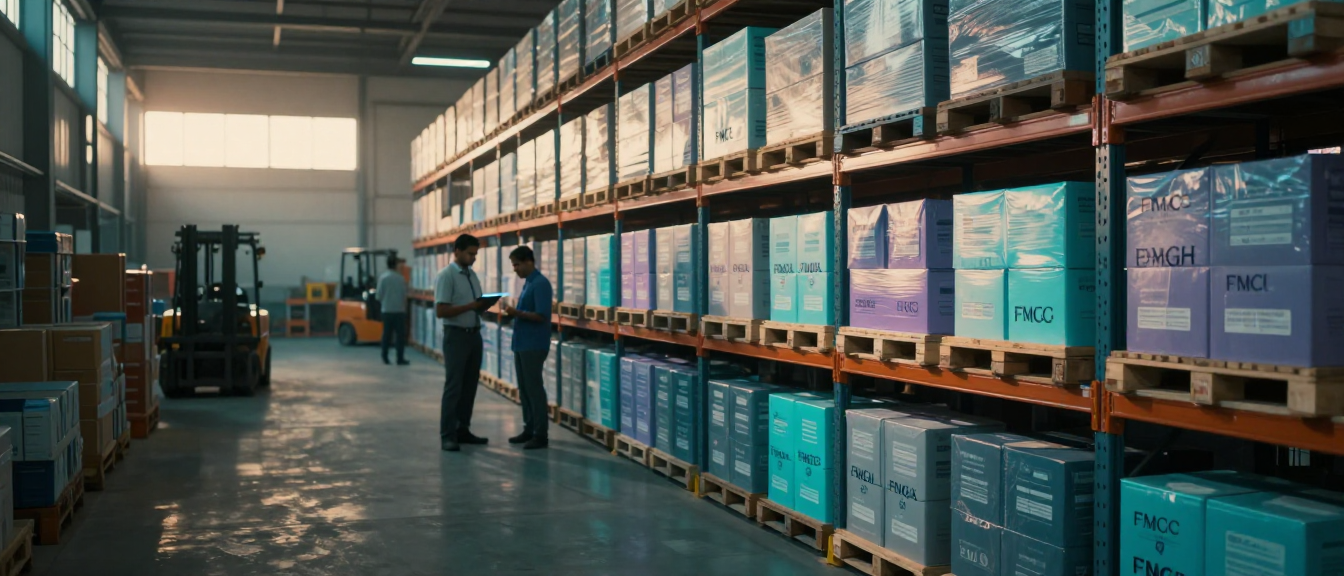 Wide-format cinematic shot of a modern Indian trade warehouse or distribution hub