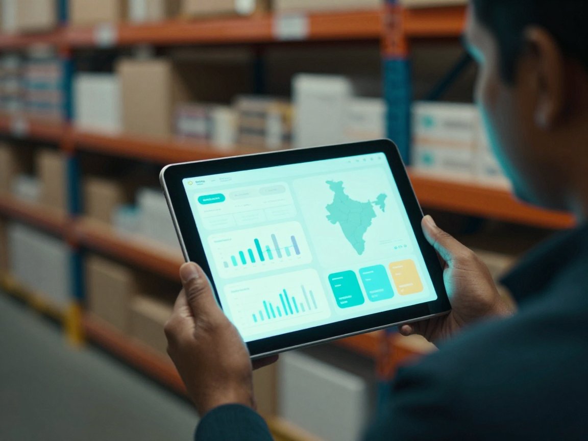 Person holding a tablet in a warehouse setting, screen showing Grid AI unified inbox