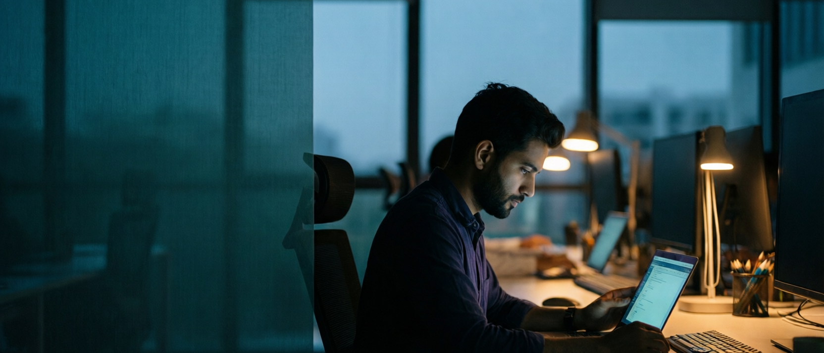 An Indian technologist working late at a laptop in a modern office at dusk, city skyline through the window
